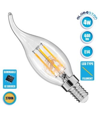 GLOBOSTAR® CANDLE 99002 Λάμπα Κεράκι E14 C35T LED 4W 440lm 360° AC 220-240V IP20 Θερμό Λευκό 2700K Dimmable - Filament Chip - Διάφανο - Μ3.5 x Π3.5 x Υ12cm - 3 Χρόνια Εγγύηση